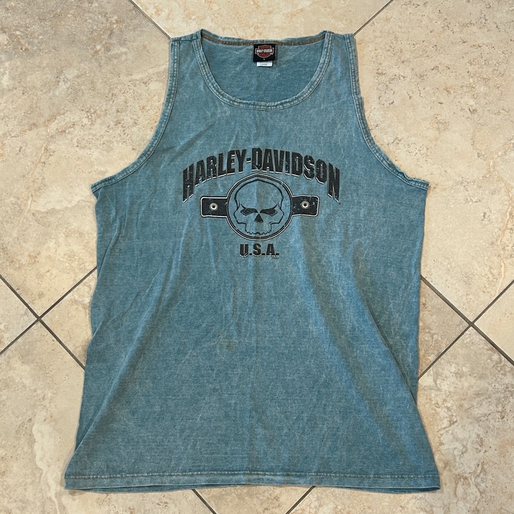 Vintage Harley Davidson Tank Top Men Large Blue Washed Cotton Skull Graphic USA‎